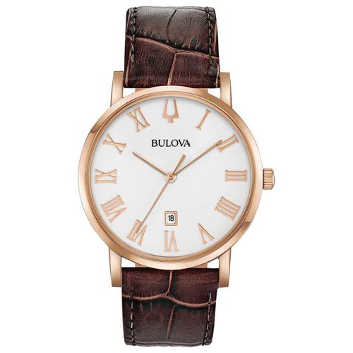 Men's Quartz Watch - Classic White Dial Brown Leather Strap / 97B184 - Bulova - Modalova