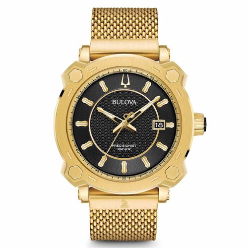 Men's Yellow Gold Mesh Bracelet Watch - Precisionist Matte Black Dial / 97B163 - Bulova - Modalova