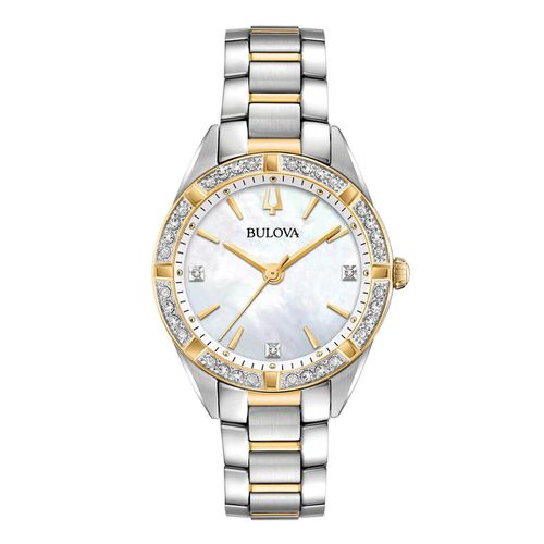 Women's Bracelet Watch - Classic Diamond Two Tone Yellow MOP Dial / 98R263 - Bulova - Modalova