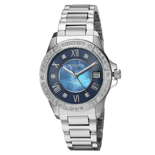 Women's Diamond Watch - Marine Star Steel Bracelet Blue MOP Dial / 96R215 - Bulova - Modalova
