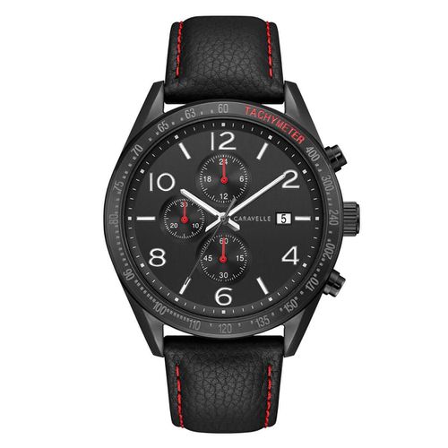 Men's Chronograph Watch - Sport Black Dial Black Leather Strap / 45B153 - Caravelle - Modalova