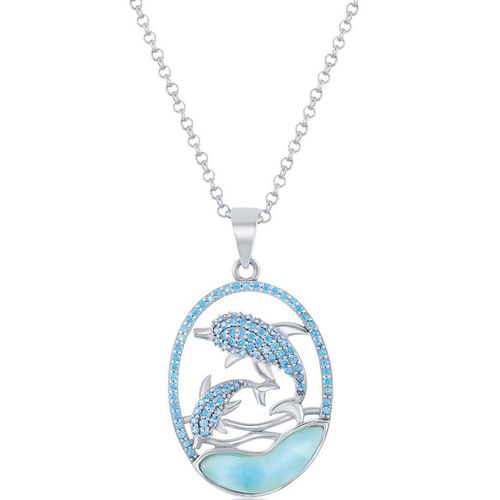 Women's Pendant - Silver Blue CZ Dolphins and Larimar / K-8294 - Caribbean Treasures - Modalova