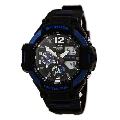 GA1100-2B Men's G-Shock World Time Black Resin Strap Quartz Black Ana-Digi Dial Dive Watch - Casio - Modalova