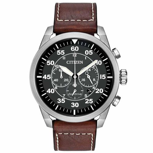 Men's Chronograph Watch - Avion Eco-Drive Brown Strap Black Dial / CA4210-24E - Citizen - Modalova