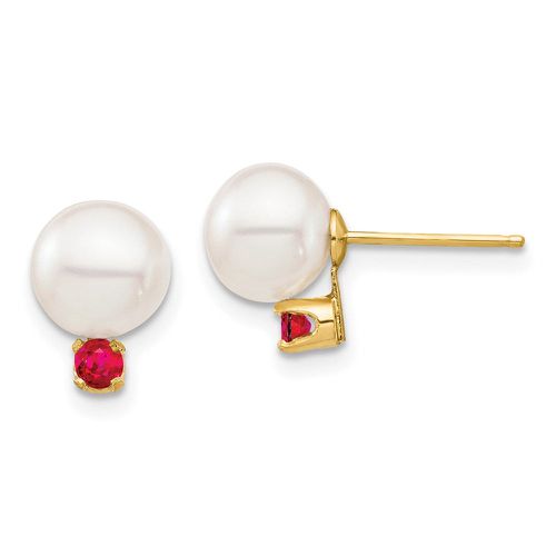 K 7-7.5mm White Round Freshwater Cultured Pearl Ruby Post Earrings - Jewelry - Modalova