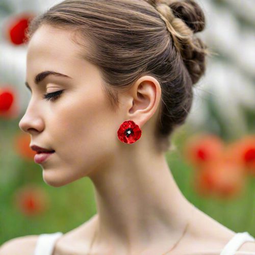 Handmade Silver Red Poppy Flower Stud Earrings - Anna Stypsianou - Modalova