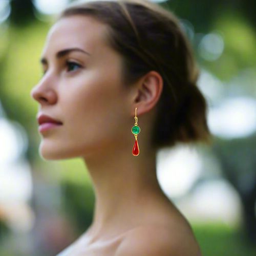 Green Jade & Red Enamel Earrings - Vally Kontidis - Modalova