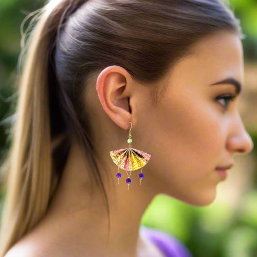 Origami Earrings Yellow Pink Fans With Gemstones - La Lupa Designs - Modalova