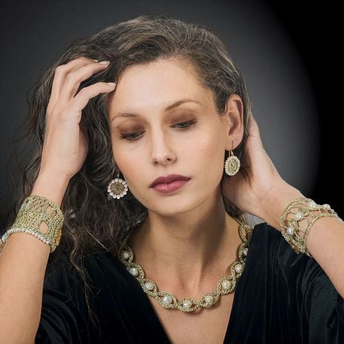 Gold Plated Crochet Drop Earrings With Little Pearls - Vasso Galati - Modalova