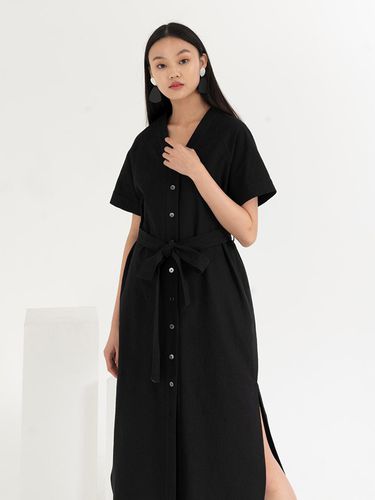 Linen Front Button Dress Black - THE SUIN - Modalova