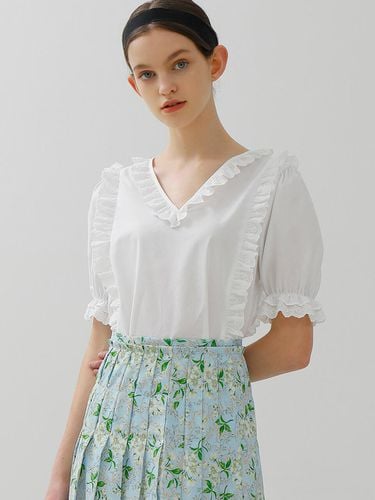 Cotton Blend Lace Frill V-neck Blouse - AMONG - Modalova