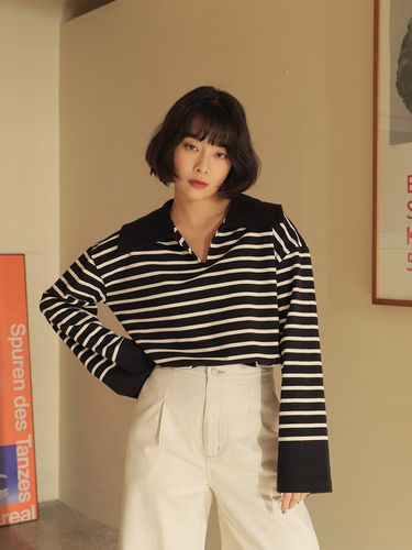 Stripe Big Collar T-shirt_Navy - PAUL&ALICE - Modalova