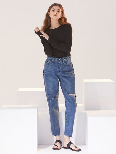 TAPERED DESTROYED JEANS DEEP BLUE - RYUL + WAI: - Modalova