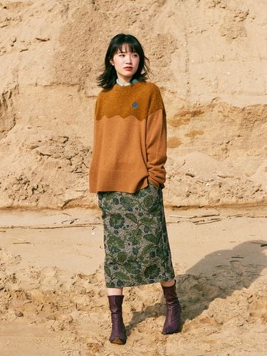 FLOWER PAINTED WOOL MIDI SKIRT_GREEN - ouel - Modalova