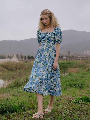 Blue Rose Shoulder Puff Dress - Cest Moidew - Modalova