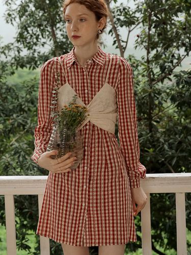 Red Check Puff Sleeve Shirt Dress - We’Dee - Modalova