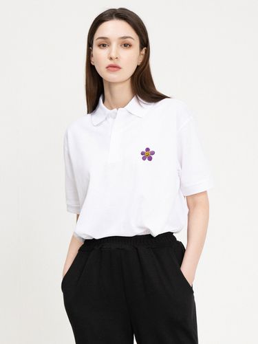 Purple Flower Dot Embroidered PK Short Sleeve Shirt_White - GRAVER - Modalova