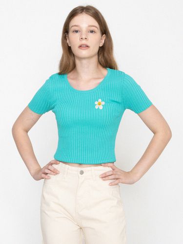 Flower Dote Embroidery Crop Knitted T-Shirt _Mint - GRAVER - Modalova