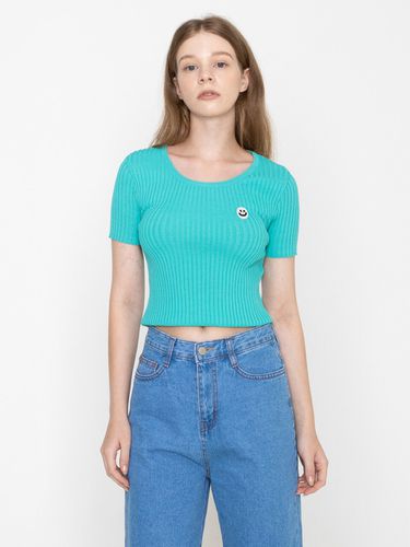 Drawing Smile Embroidery Crop Knitted T-Shirt _Mint - GRAVER - Modalova