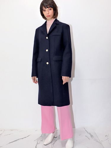 Pearl Buttoned Long Coat_Navy - DAMAGE MNEMONIC - Modalova