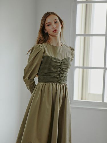 Shirring Top Mix Dress_Khaki Brown - ETMON - Modalova