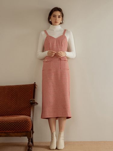 Houndstooth Check Slim Dress_Red - DUNDROP - Modalova