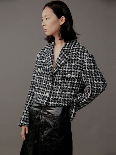 Wool Blend Crop Pocket Classic Check Jacket_Black - AEER - Modalova