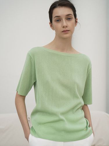 Color Boat Neck Short Sleeved Knit Top_Light Green - RE RHEE - Modalova