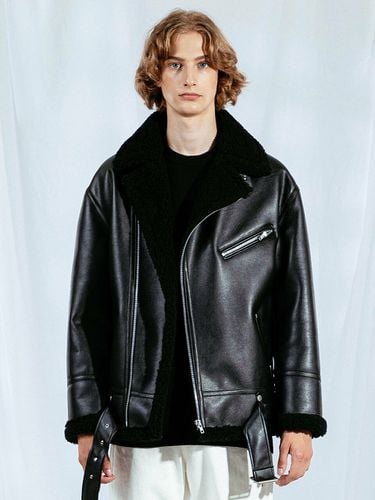 Faux Leather Fleece Trimmed Double Rider Jacket - SLOW UNIVERSE - Modalova