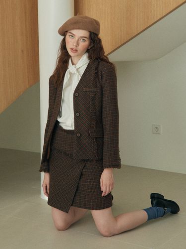 Wool Check Tweed No Collar Jacket_Brown - Near&Dear - Modalova