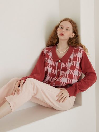 Wool Check Collar Cardigan (Pink) - MORE THAN LIKE - Modalova