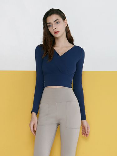 V Neck Long Sleeve Crop Top (Navy) - DEVIWEAR - Modalova