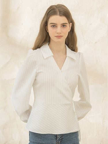 Wrap Collar Stripe Blouse_White - clet - Modalova