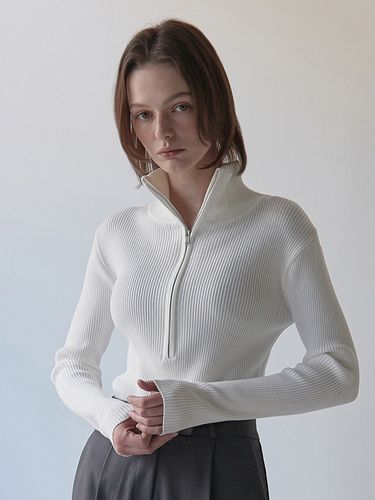 Rayon Zip Up Knit Top (White) - ouie - Modalova