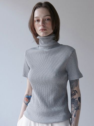 Ribbed Half Turtleneck Top ( Gray) - ouie - Modalova