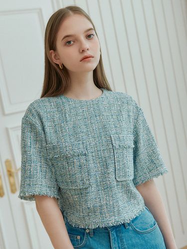 Tweed Cropped Top (Blue and Green) - LOEUVRE - Modalova