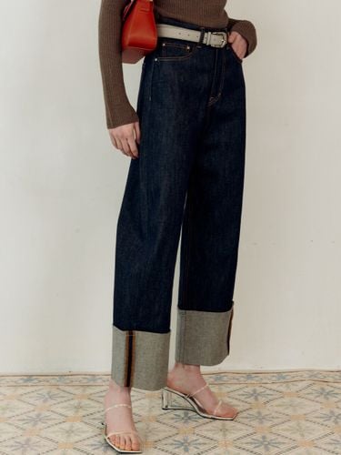 Wide Leg Roll-up Denim Pants_Navy - Enor - Modalova