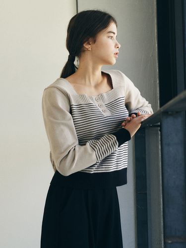 Stripe 3 Button Square Neck Knit Top_Beige - ADAUL - Modalova