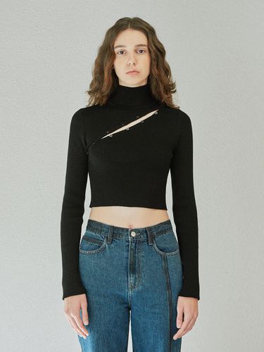 Polo Neck Button Knit Top_Black - DIAGONAL - Modalova