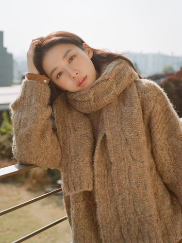 Mohair Oversized Cable Knit Top_Khaki Brown - Siyazu - Modalova