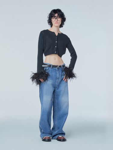 Ostrich-feather Cuff Wool-blended Cardigan _Black - INSTANTFUNK - Modalova