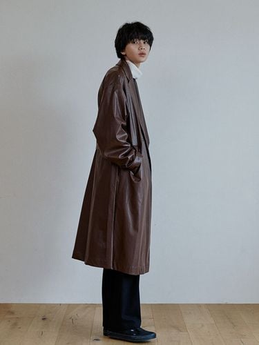 Unisex Trench Leather Coat_Red Brown - malen - Modalova