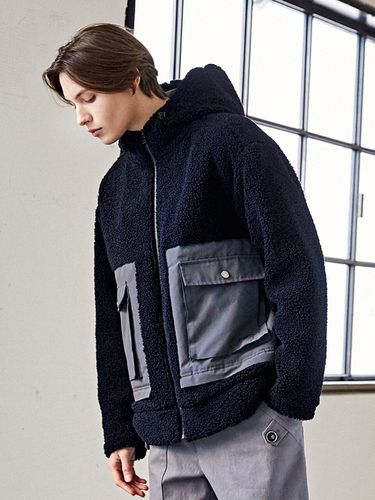 Lamb and Fabric Mixed Hooded Zip-up Jumper - CUSTOM US - Modalova