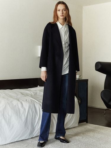 Wool Cashmere Collarless Long Coat _ Navy - LETQSTUDIO - Modalova