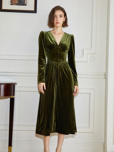 YY_Graceful Deep V-neck Velvet Dress_KHAKI - yyiam - Modalova