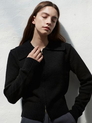 Merino Wool Collar 2way Zip-Up Knit_Black - EIGHT DAYS A WEEK - Modalova