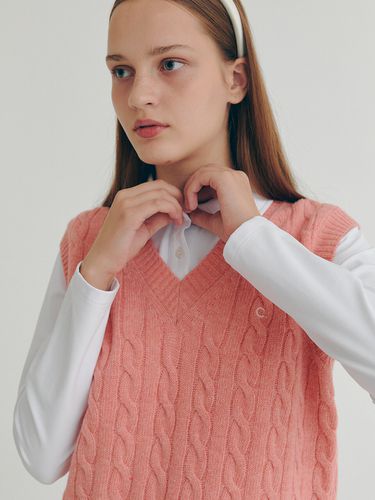 Cable Wool V-neck Vest _ Pink - CLOVE - Modalova