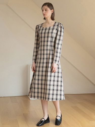 Heart Neck Plaid Puff Dress - clet - Modalova