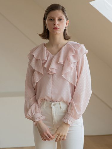 Neck Double Ruffle Blouse_Pink - clet - Modalova