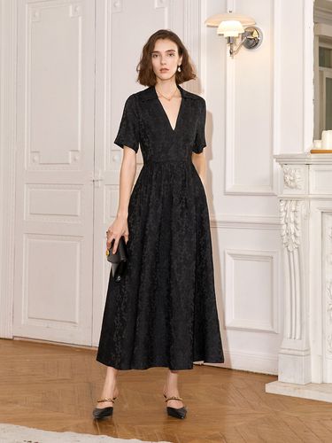 Short Collar Jacquard Flare Long Dress - yyiam - Modalova